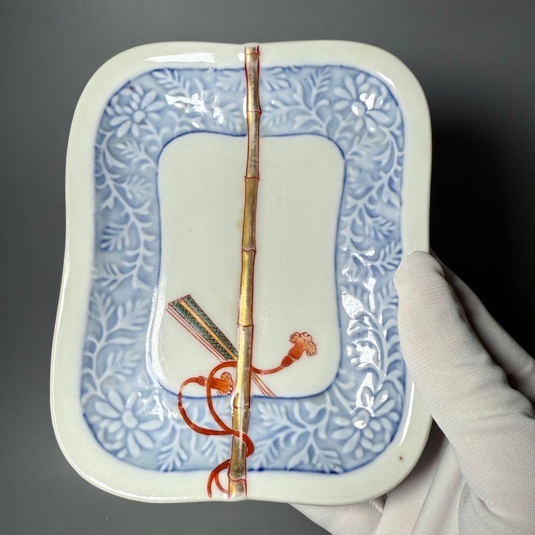 明治時代　有田焼　岩松平吾　色絵軍配形皿　五枚　角岩印　陽刻　珍品　器を楽しむ