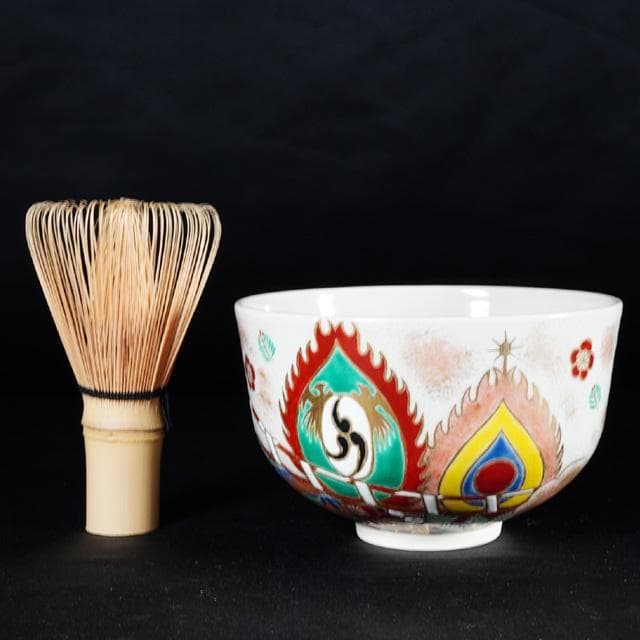 小峠丹山(葛芳)　 火焔太鼓之絵茶碗　共箱　茶道具　京焼　雅楽 平安時代