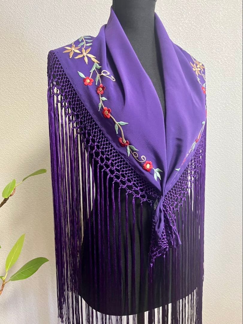 フラメンコ　刺繍シージョ　パープルx赤系刺繍　ロングフレコ