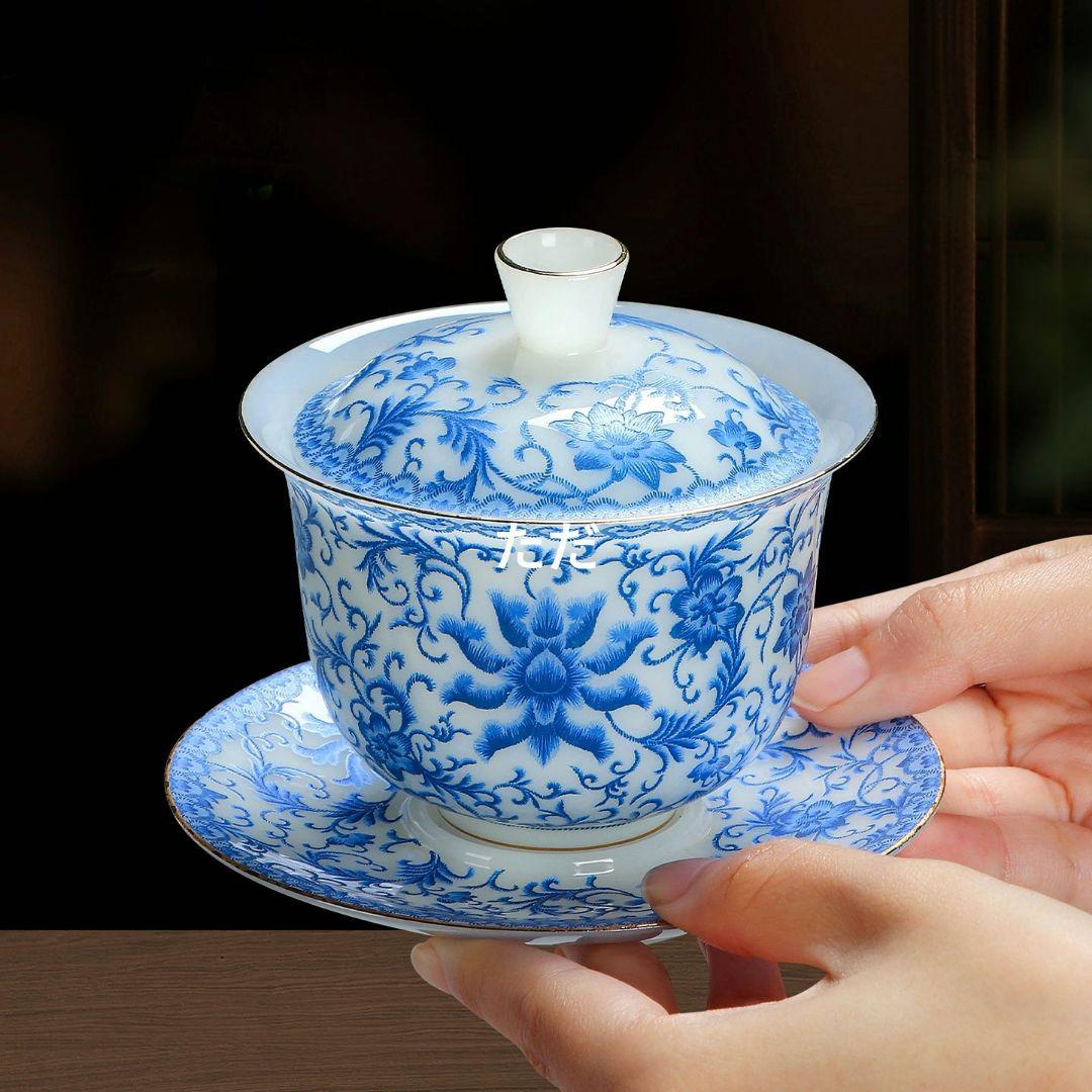 中国茶器 磁器 纏枝蓮三才蓋碗 茶碗 茶道具 新品未使用