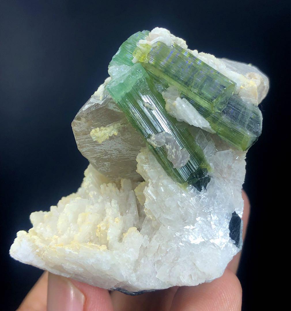 アルバイト付きクォーツクリスタル上の天然バイカラートルマリン。