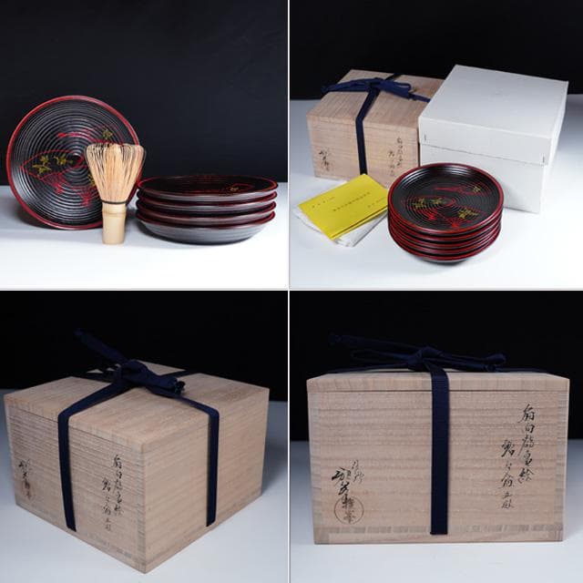 前端雅峯　扇面鶴亀絵銘々盆　5枚　共箱　茶道具　菓子器　銘々皿