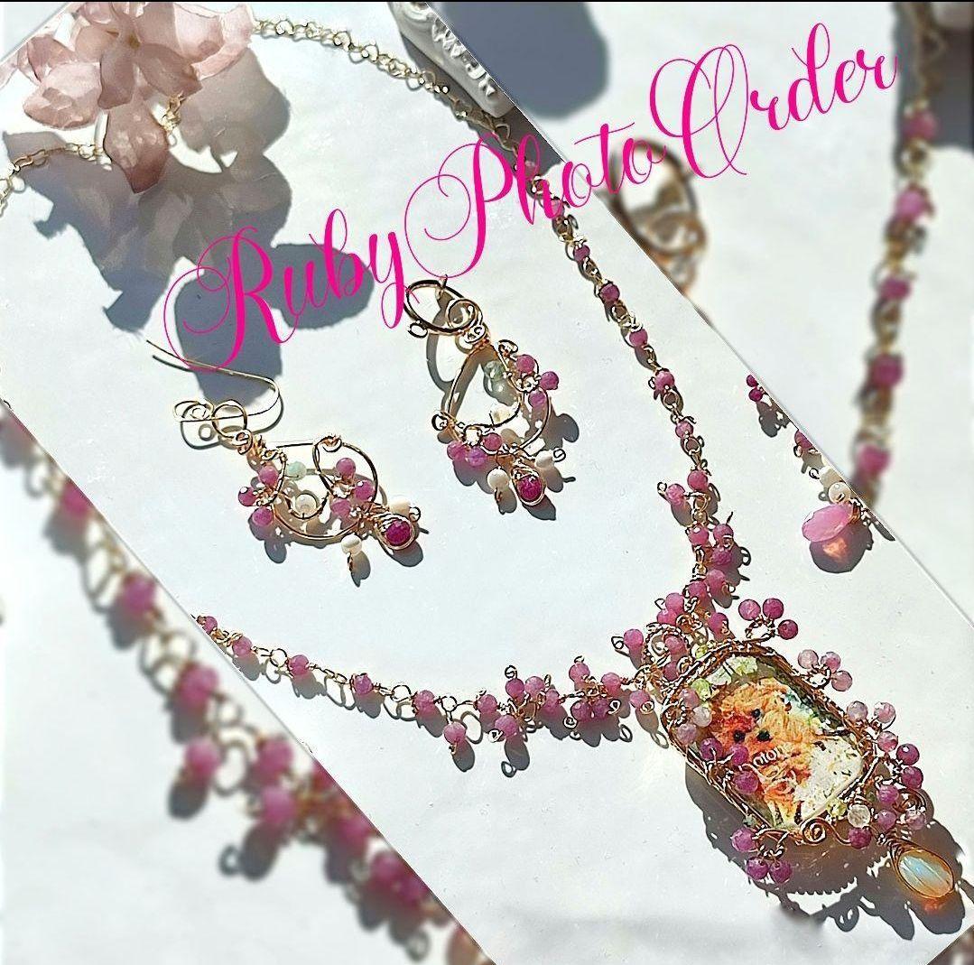 14kgf うちの子【写真ネームオーダー ルビー ピンクオパールネックレス】