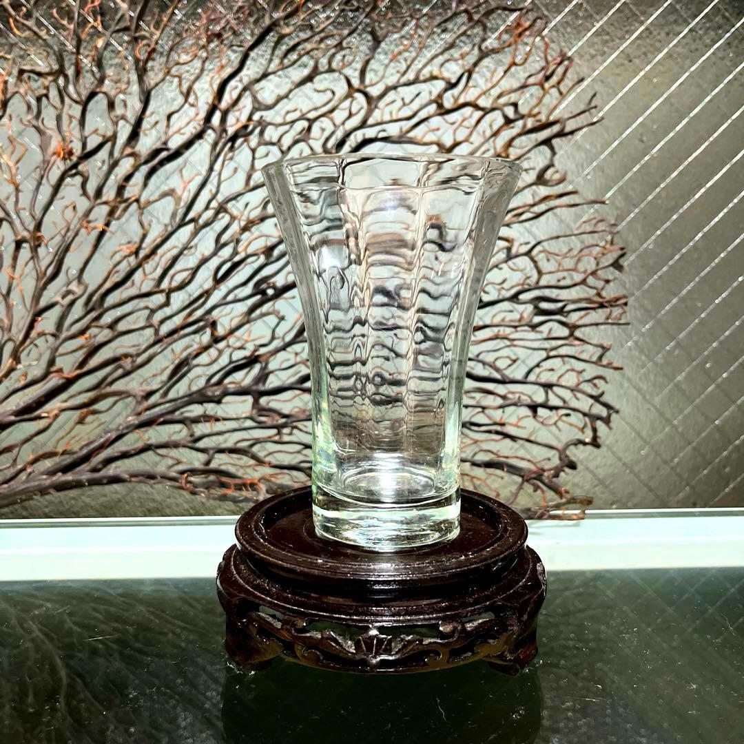 骨董　時代ガラス　薄張り　縞模様　ラッパ型　朝顔造り　ピルスナー　コップ　ウラン