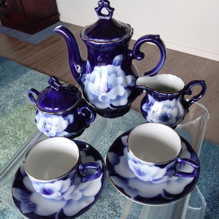 昭和レトロ⭐︎瑠璃色花模様のティーセット5点⭐︎新品未使用⭐︎手描きビンテージ