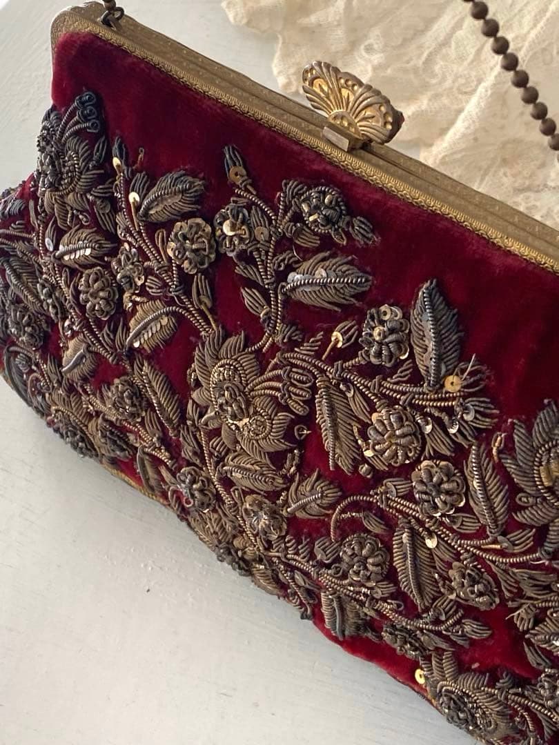 英国アンティークゴールドメタリック手刺繍パース　ベルベット　瑪瑙イギリス　花