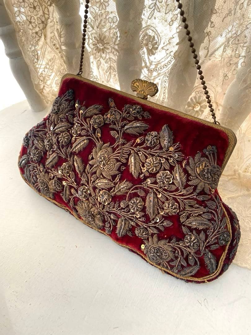 英国アンティークゴールドメタリック手刺繍パース　ベルベット　瑪瑙イギリス　花