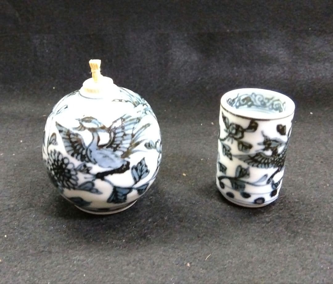 茶道具 茶箱用 茶碗 茶巾筒 振出 セット 古染付 鳳凰 染付 叶松谷