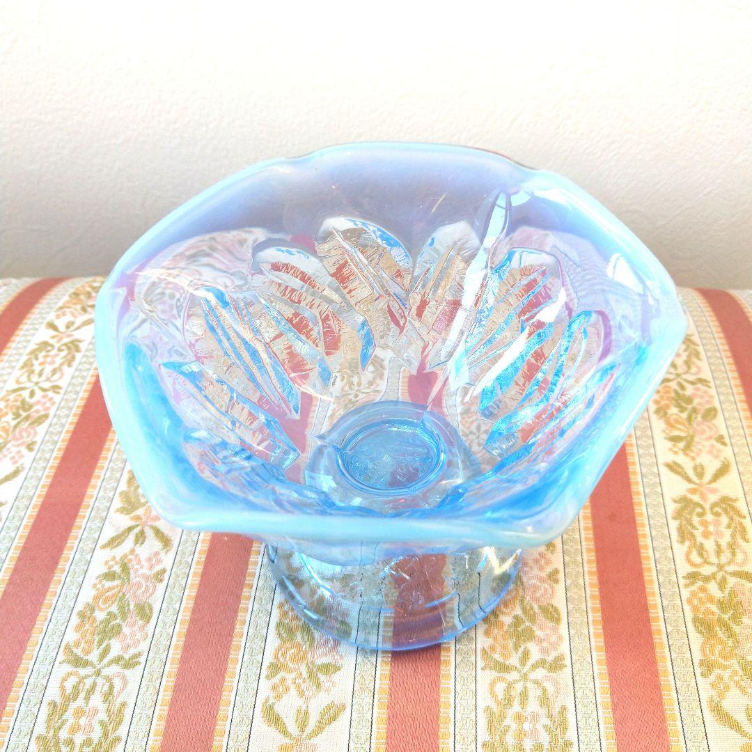 レトロ アンティーク 青色 フラワー型ガラスボウル 氷コップ デザートカップ