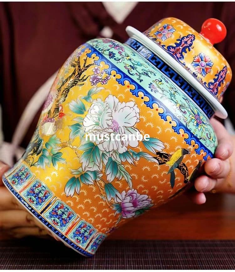 琺瑯彩富貴花鳥将軍壺 茶壺 防潮物壺景徳鎮 陶磁器 装飾品 工芸品 置物