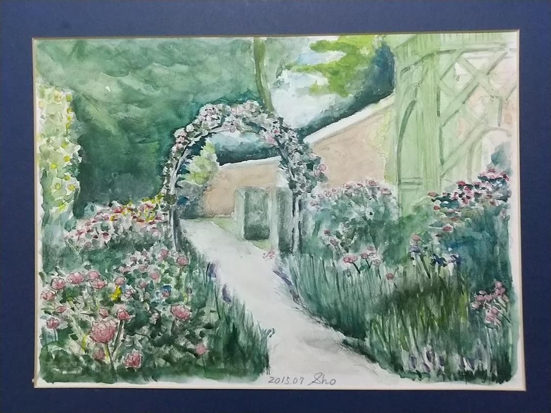 水彩画　英国式庭園　額縁付き　SHO