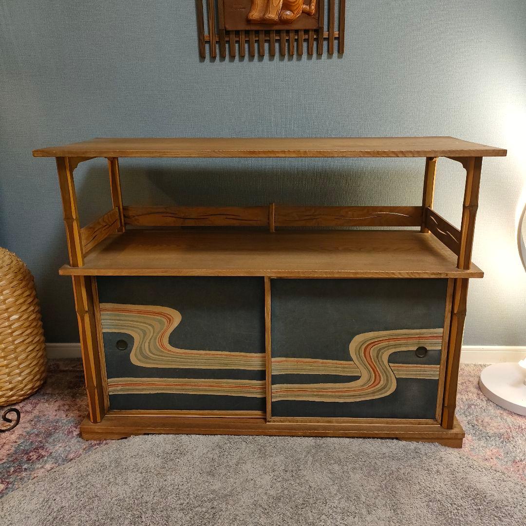 和モダン 飾り棚 サイドボード 昭和レトロ 流水文様 布張り 引き戸