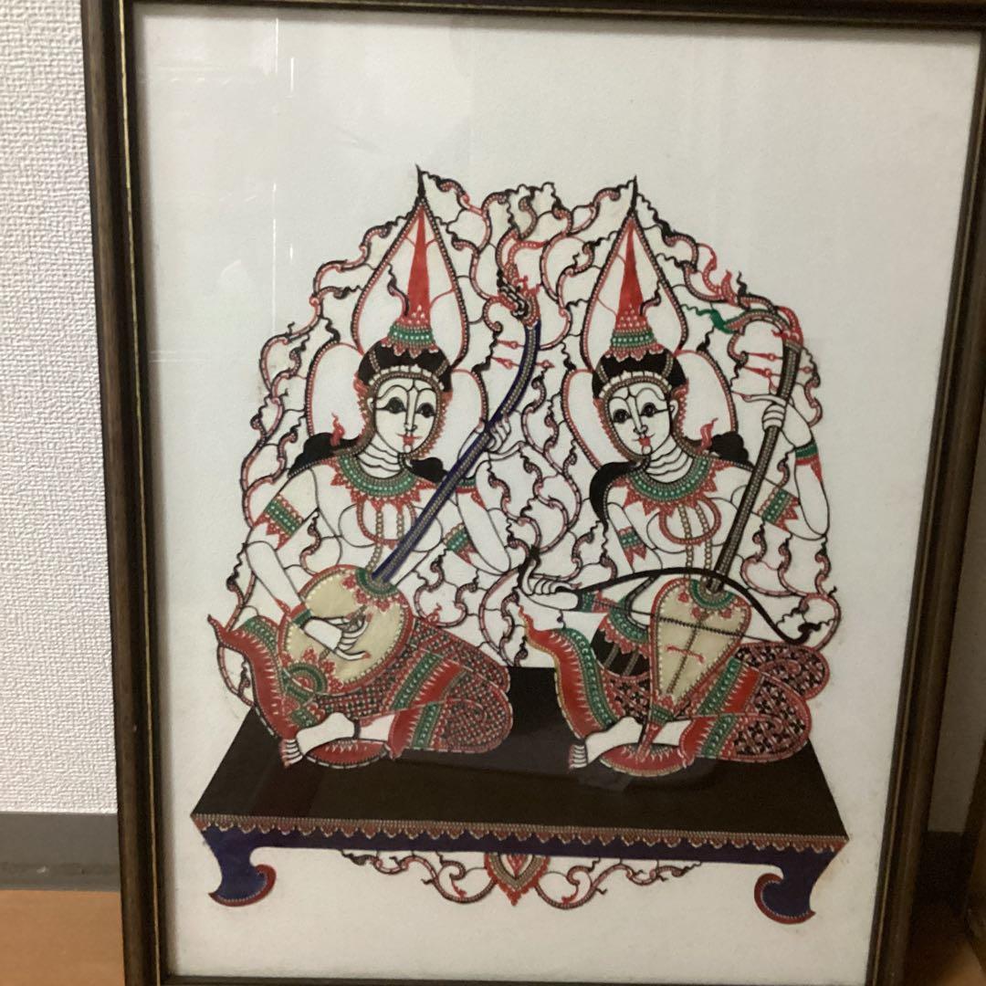 インドネシア　民芸品　布製カロチャ刺繍調　リシェリュ風カットワーク 　木枠額装