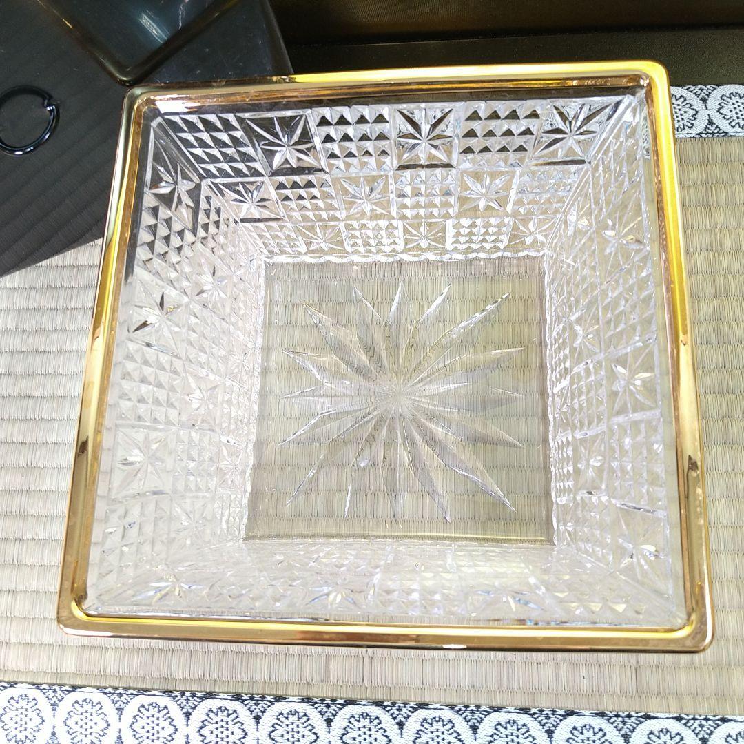 義山水指水差しガラス硝子四方真漆蓋付水崎長寿作金彩縁金切子未使用共箱共布茶道具