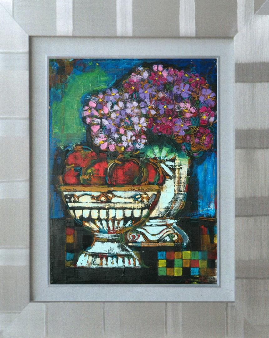 油絵 菅家令子 絵 絵画インテリア額付(黒) uF6-063504 静物花果物器