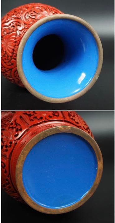 送料無料極上品　細密山水楼閣彫堆朱花瓶 紫檀台付 　全高さ40ｃｍ　中国古玩