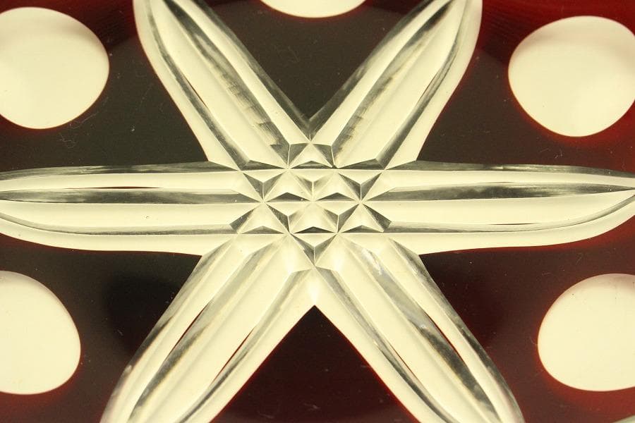 レトロ アンティーク 赤色切子 皿 未使用(ZE458)