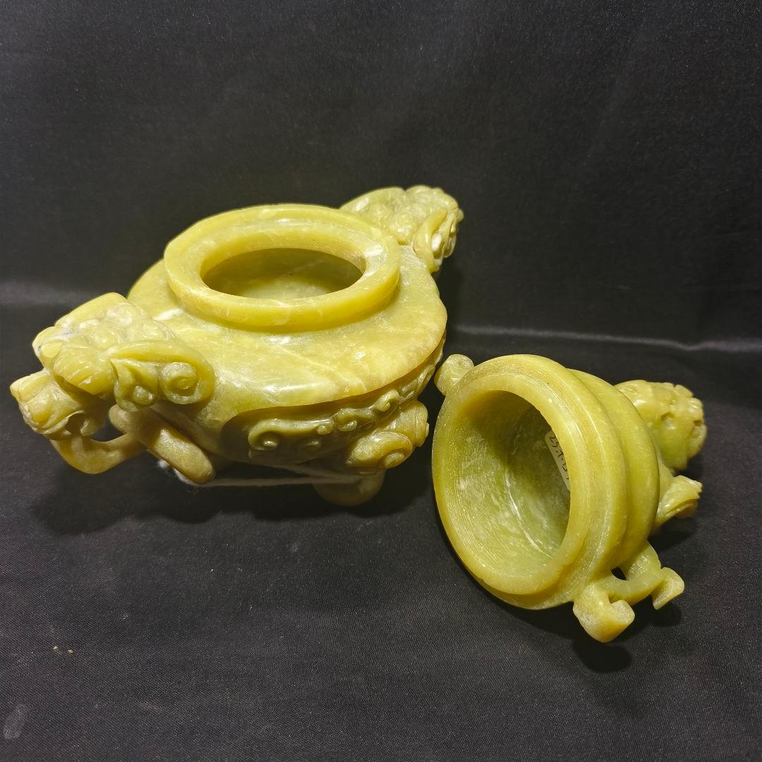 中国骨董 獅子摘み岫玉香炉 翡翠 天然石 手彫り置物 開運風水グッズ 香具古美術