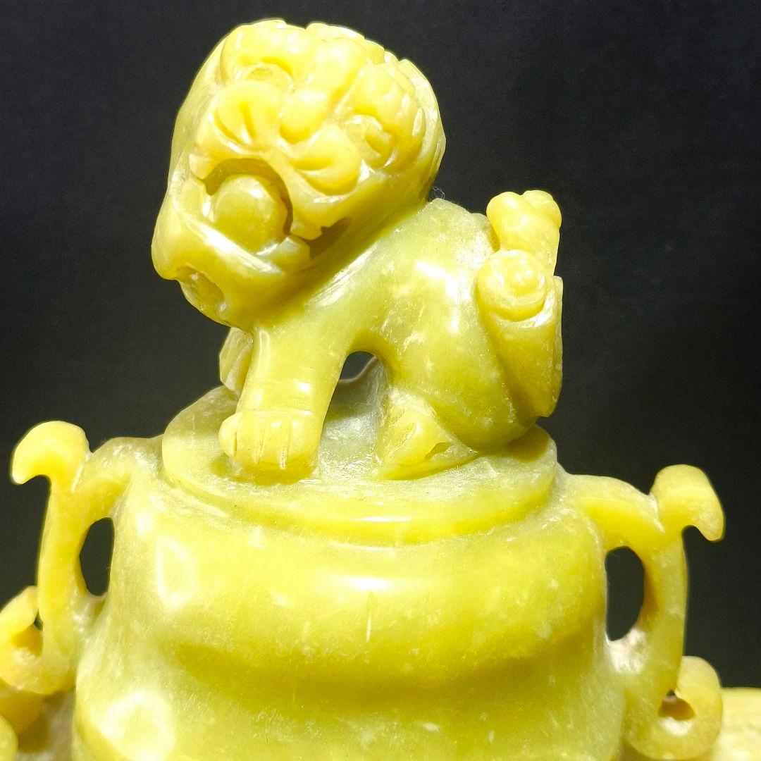 中国骨董 獅子摘み岫玉香炉 翡翠 天然石 手彫り置物 開運風水グッズ 香具古美術