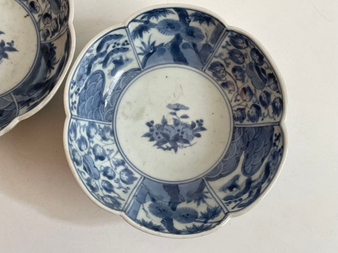 骨董　アンティーク　古伊万里　染付　牡丹　輪花縁　膾皿　なます皿　2枚