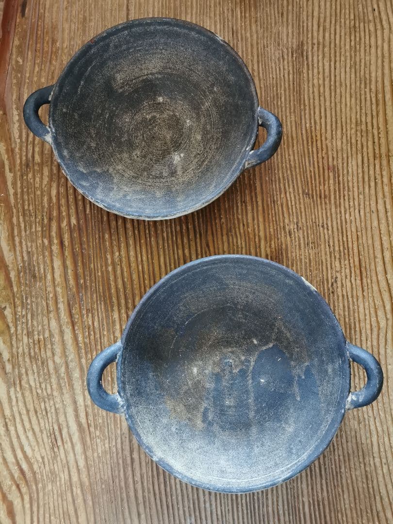 作家物 ギャラリー 個展購入 耳付き墨黒深皿 ワンプレート 2枚ペアセット