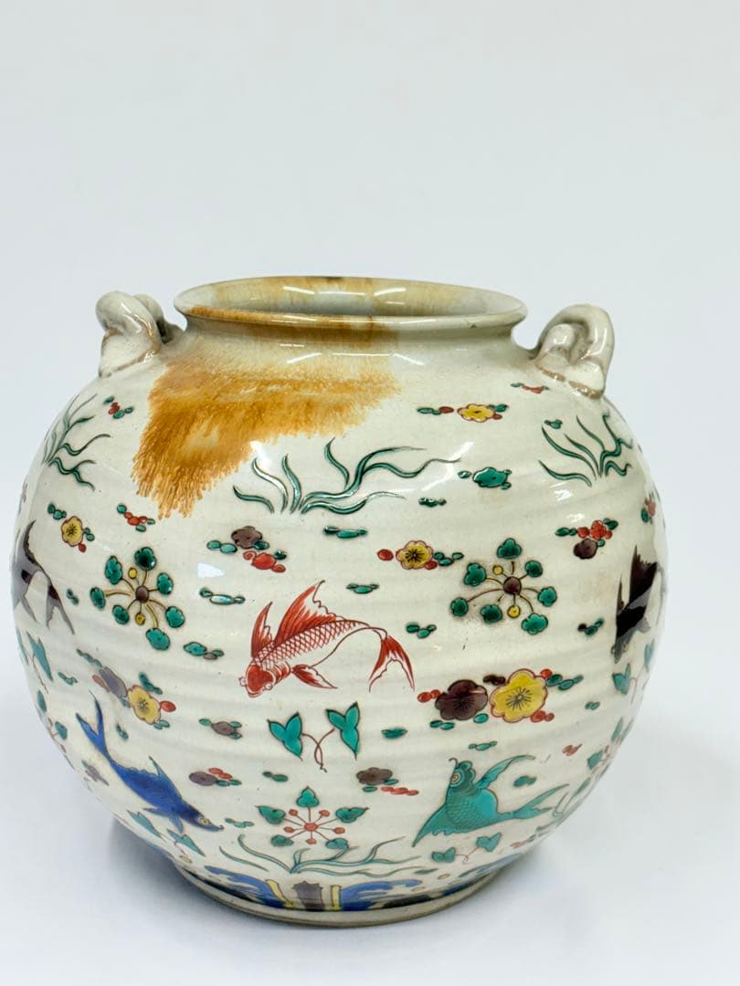 清末〜民国期 中国 景徳鎮 色絵鯉文 双耳 壺 花瓶 古美術 五彩 陶芸