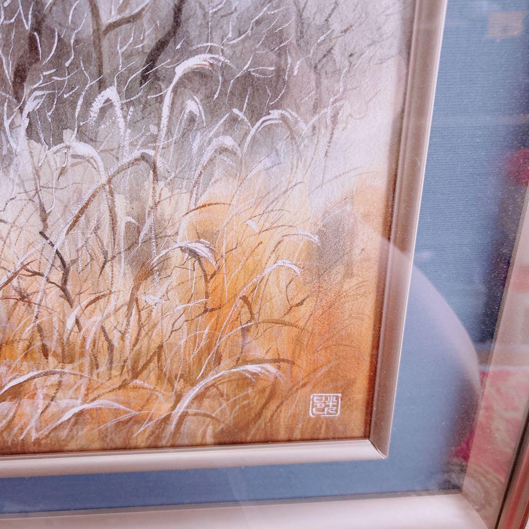 日本絵画　大きい額縁入り　ガラス　風景画自然　描写