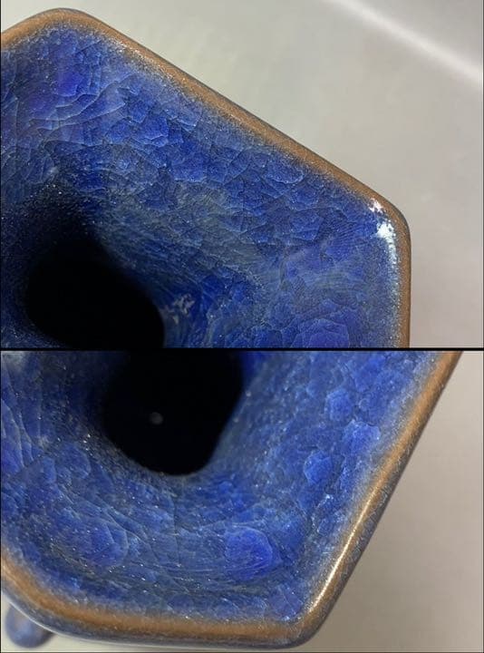 中国 青釉耳付六角口花入　u6210418