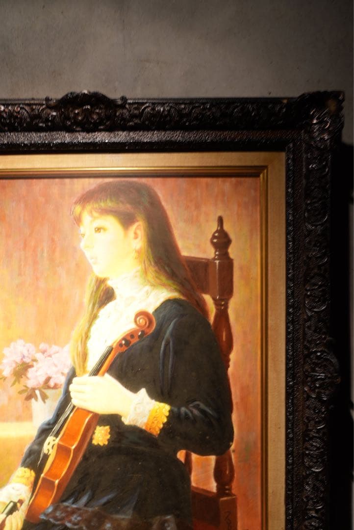 鶴村義美【バイオリンの女】肉筆写実画