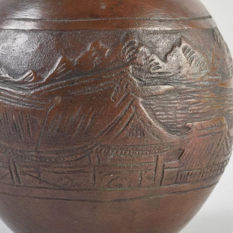 久保田吉太郎作　銅製　山水楼閣文瓶　花瓶　共箱　C　9165