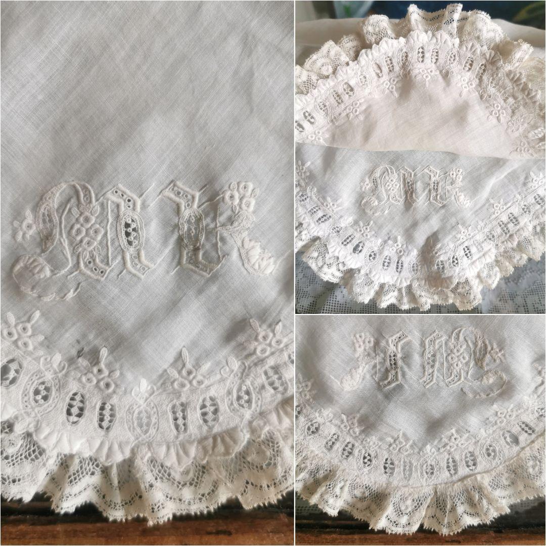 アンティーク 奇跡の極細糸刺繍 極小盛上げスカラップ 美しいウェディングハンカチ