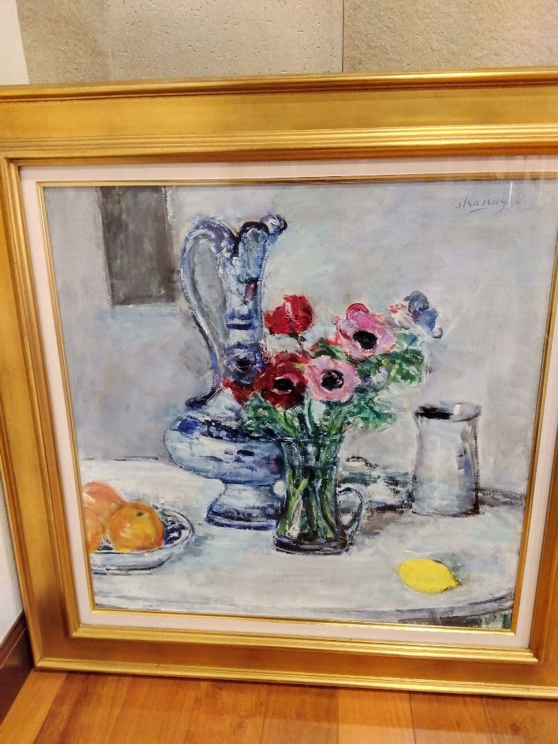 油彩　アネモネと水差し