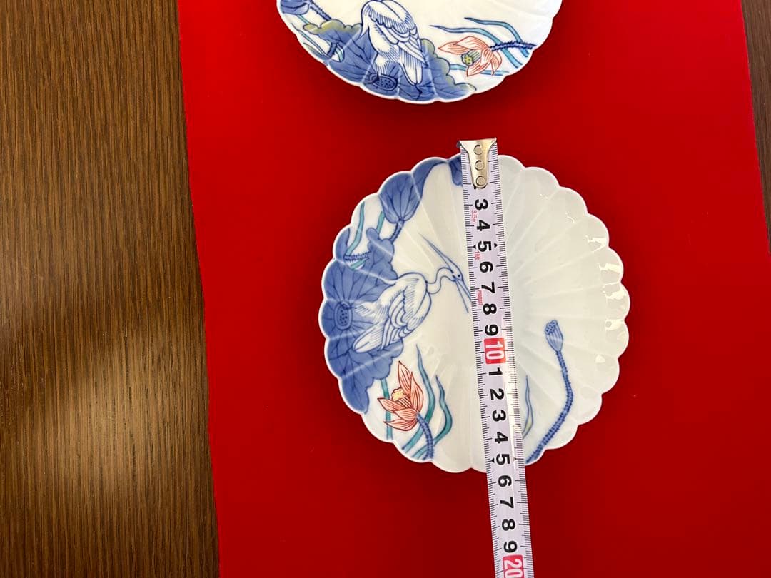 皇室御用達十四代辻常陸　染錦白鷺文 ミツ足銘々皿五客　共箱