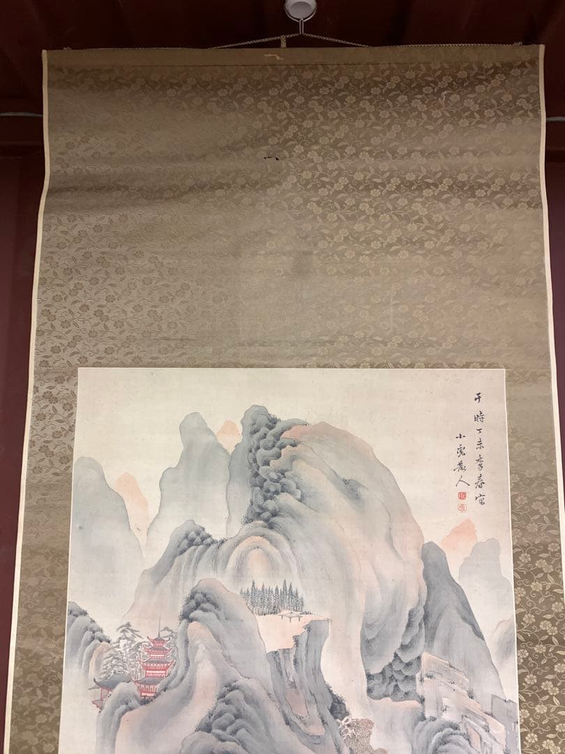 『8606』明治期文人画家 田能村直入（小虎散人） 真筆 楼閣山水図 絹本掛軸