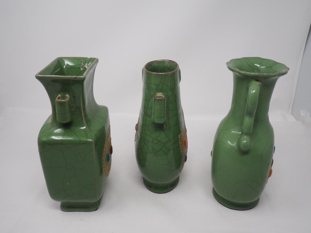 緑釉宝石嵌描金文字雙耳瓶　5セット　中国　宝石一つ欠け有　-SO