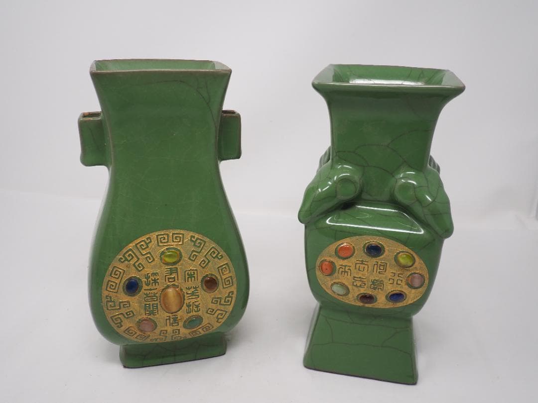 緑釉宝石嵌描金文字雙耳瓶　5セット　中国　宝石一つ欠け有　-SO