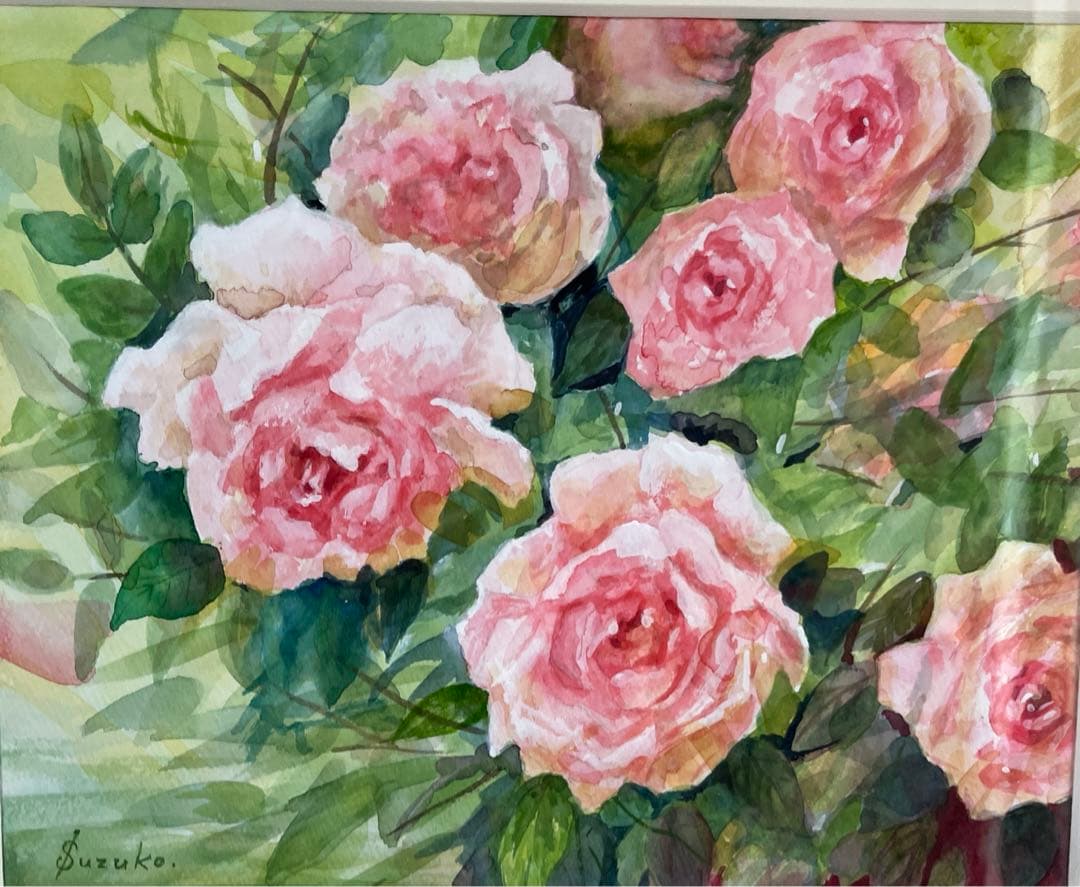 バラのささやき　額縁付き　透明水彩画