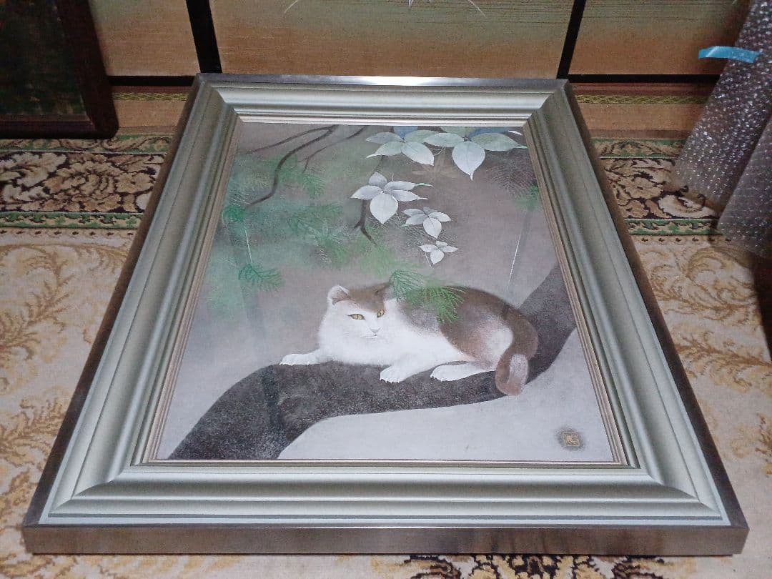 ◆　佐藤昌美(佐藤晨)「緑韻」日本画　猫　F10号　創画会会員　紺綬褒章　◆