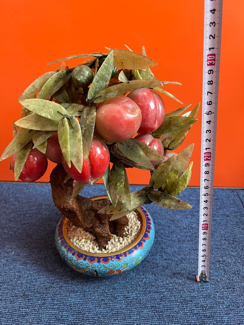 1184 中国美術　桃樹玉石　桃木玉石盆栽　景泰藍　石細工彫刻　置物