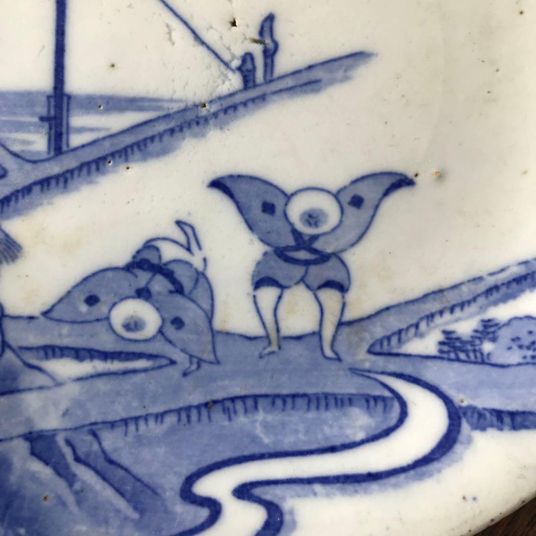 ＊図変わり印判　すずめ踊り　皿　銅版染付　銅摺り印判　明治　大正　古道具＊