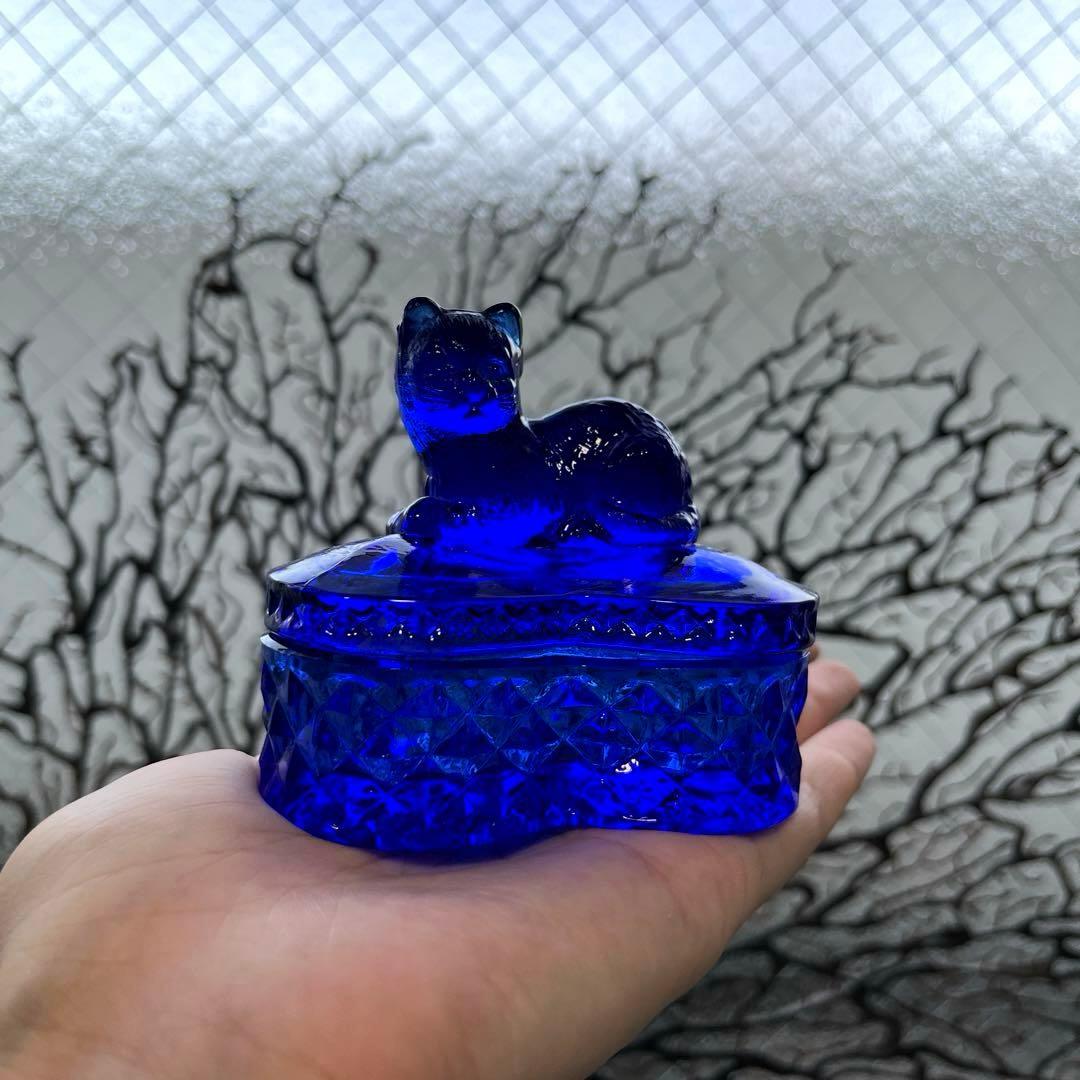 骨董　レトロガラス　希少コバルトブルー　瑠璃色ガラス　子猫　ボンボン入れ　菓子器