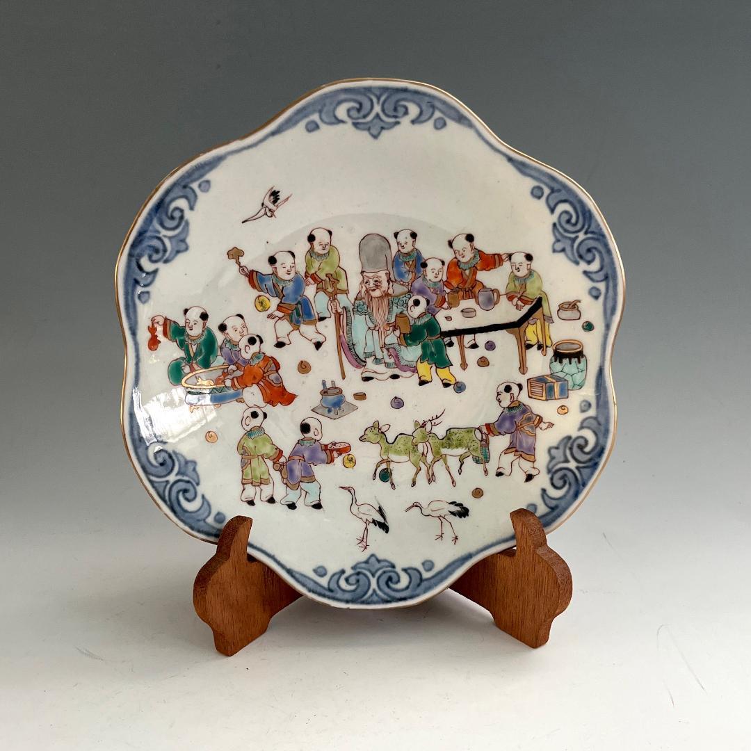 古伊万里 錦絵唐子文中鉢 肥蝶山栞岳造 款 有名小説家蒐集品 SN17