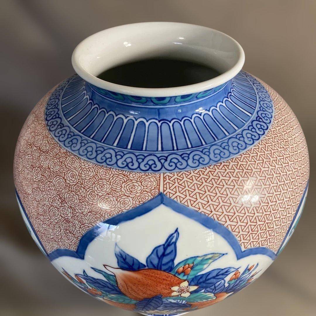 【緒方松右衛門】古伊万里の伝統　名窯　緒方松右衛門作　染錦三方間取桃絵　大花瓶