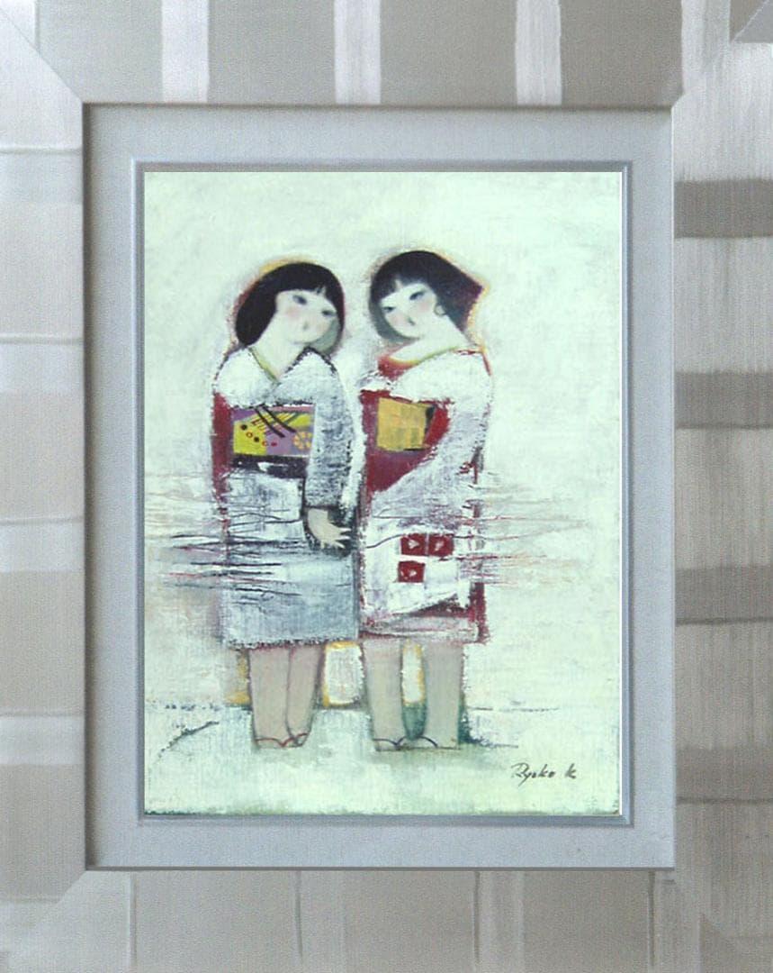 油絵 菅家令子 絵 絵画 インテリア額付(黒) F4-252023 雪国子供たち