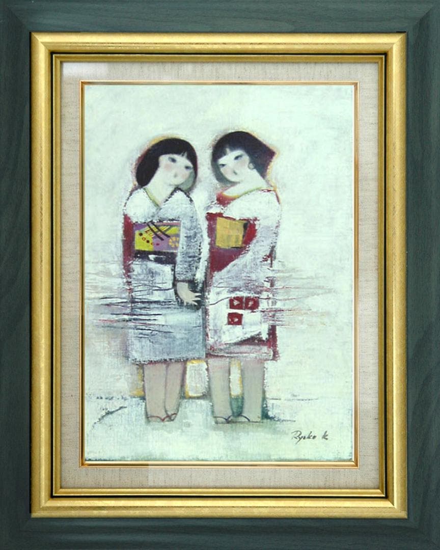 油絵 菅家令子 絵 絵画 インテリア額付(黒) F4-252023 雪国子供たち