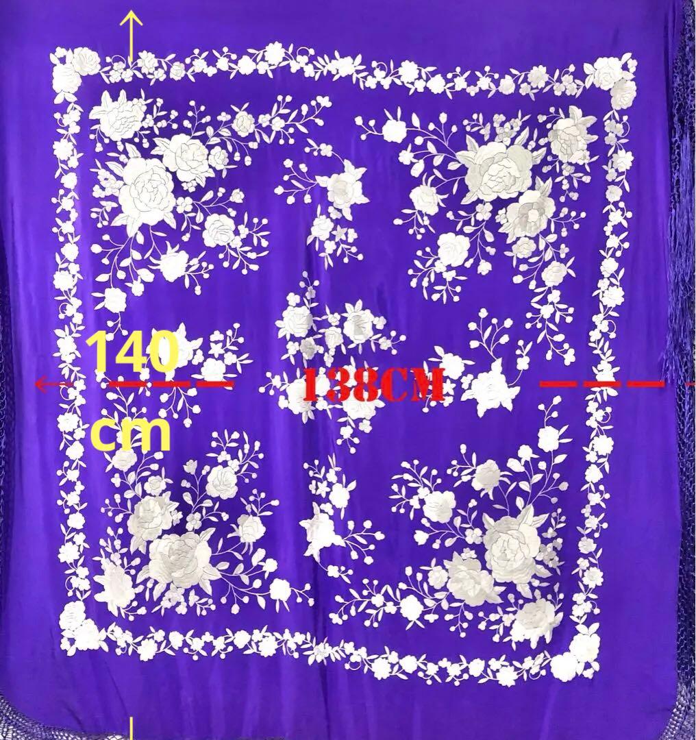 スペイン直輸入★1点物ボルダドスフォロンダ★シルクマントン140cm紫アイボリー