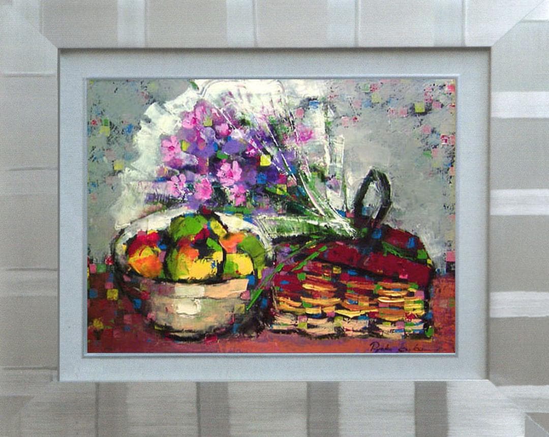 油絵 菅家令子 絵 絵画インテリア額付(黒) uF6-062104 花束フルーツ