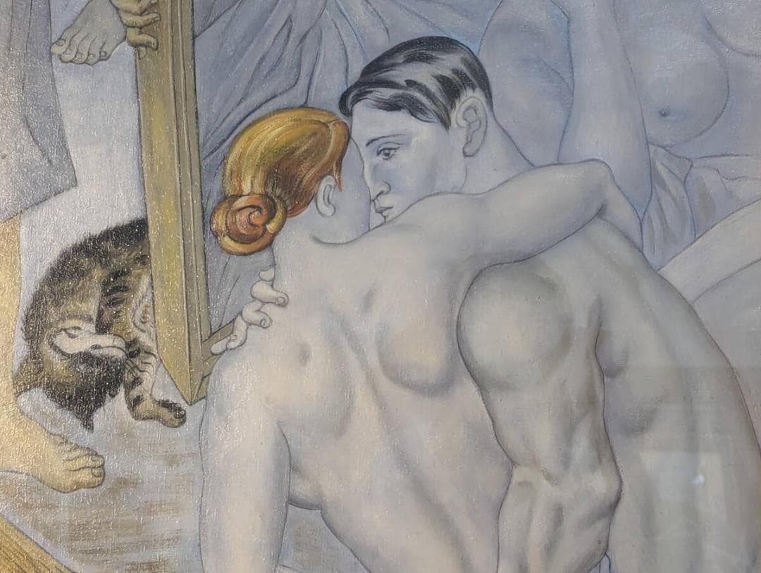 【模写】絵画　藤田嗣治　アクリル画　乳白色の裸婦と猫のいる幻想的構図　W58