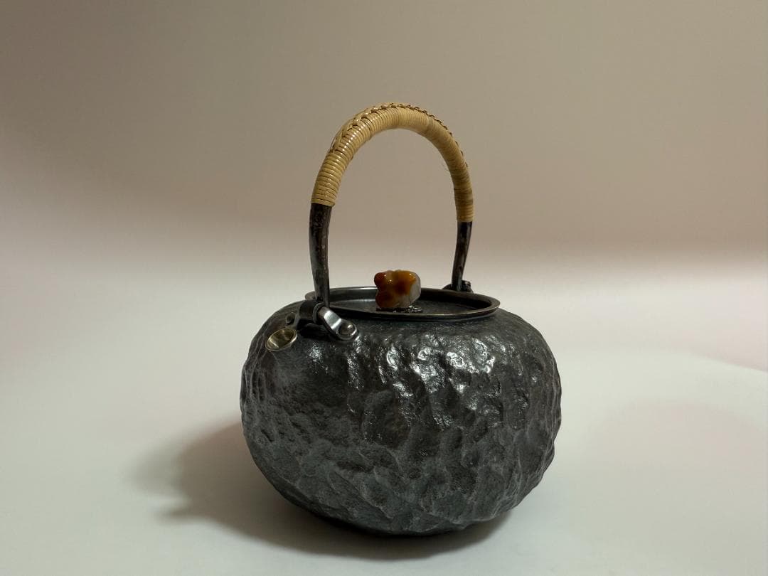 純銀製 瑪瑙摘み ひしき 岩目 湯沸 銀瓶 煎茶道具