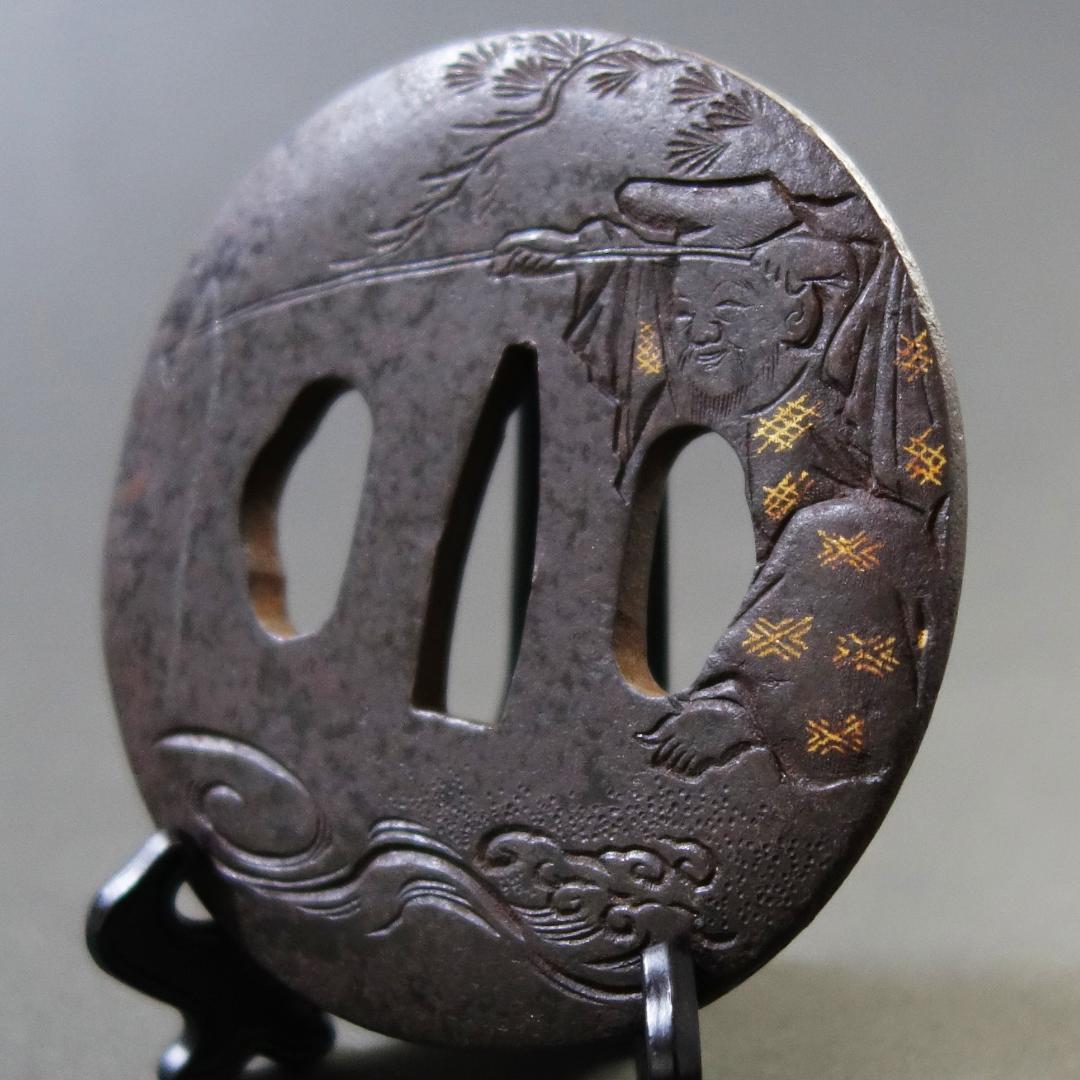 【太公望図鍔 片切彫】 鐔 鍔 刀装具 日本刀 武具 骨董 江戸 アンティーク